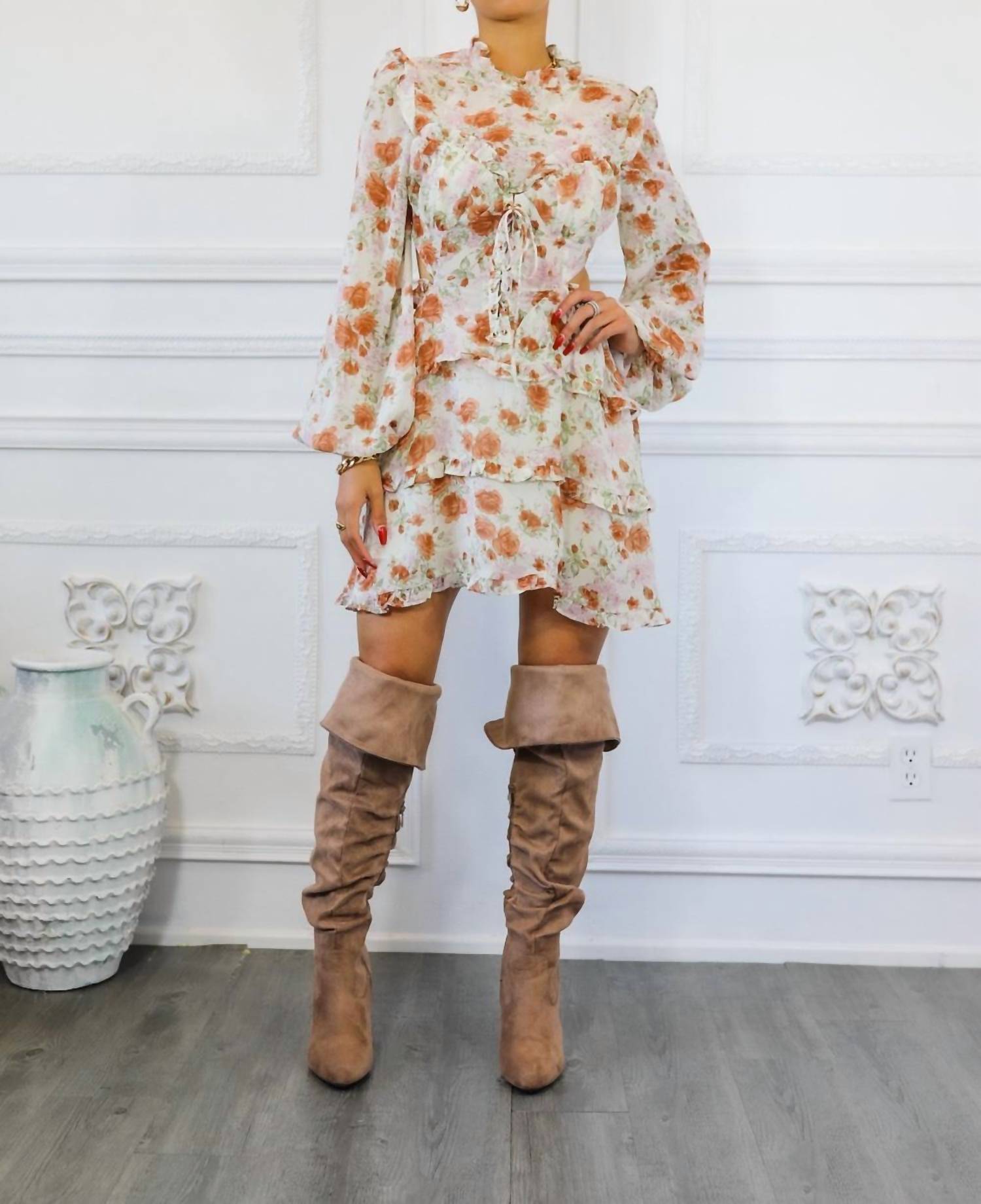 Surelymine - Bubble Sleeves Floral Cutout Laced Mini Dress