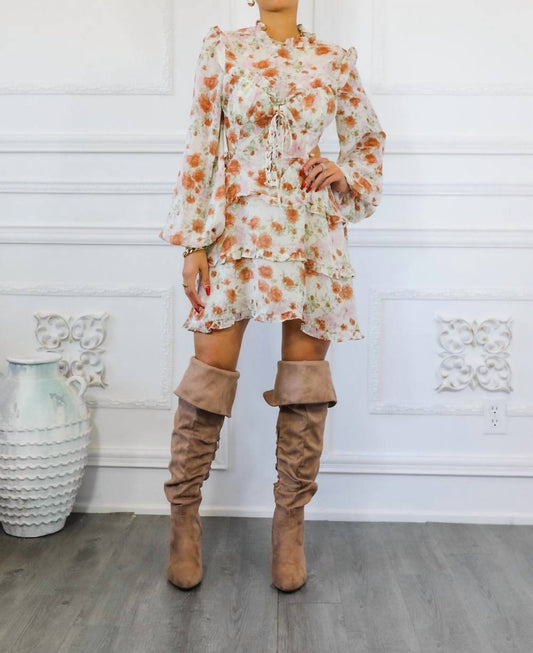 Surelymine - Bubble Sleeves Floral Cutout Laced Mini Dress