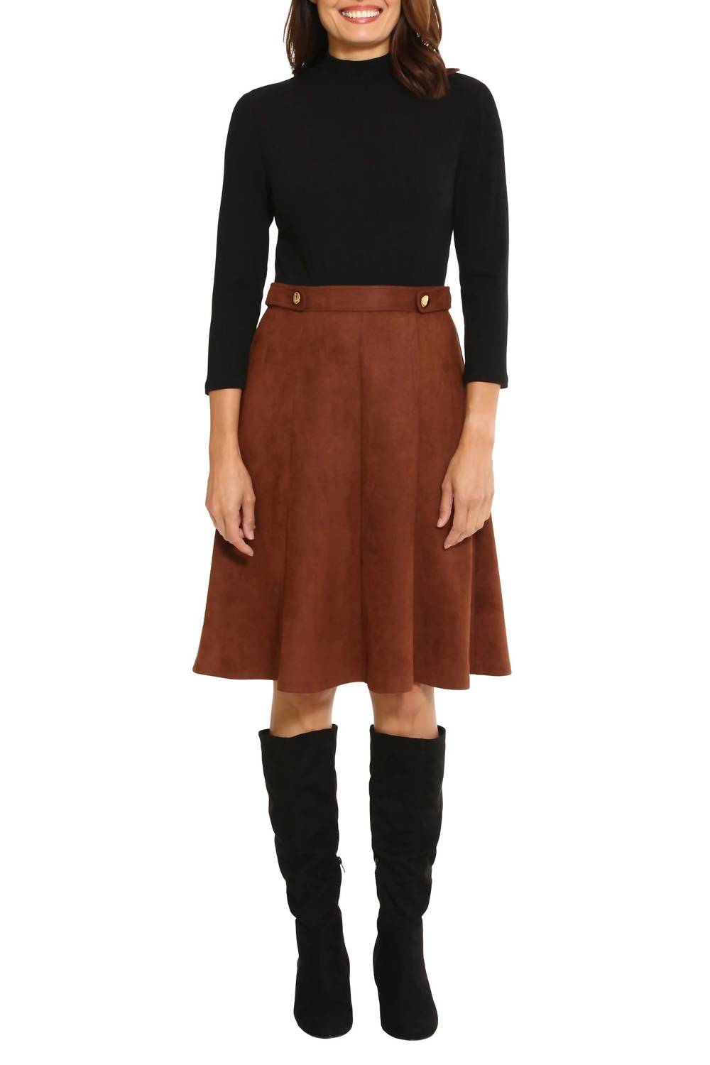 London Times - High Neck 3/4 Sleeves Ribbed Top & Skirt Dress