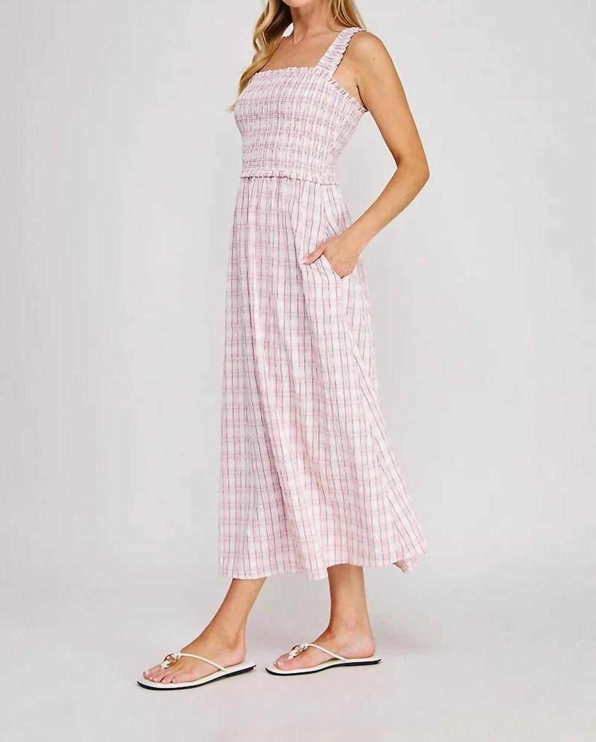 Allie Rose - Plaid Smocked Midi Dress