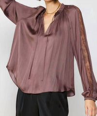 current air Lace Contrast Sleeve Ruffle Detail Blouse in purple - women's blouse - view 5