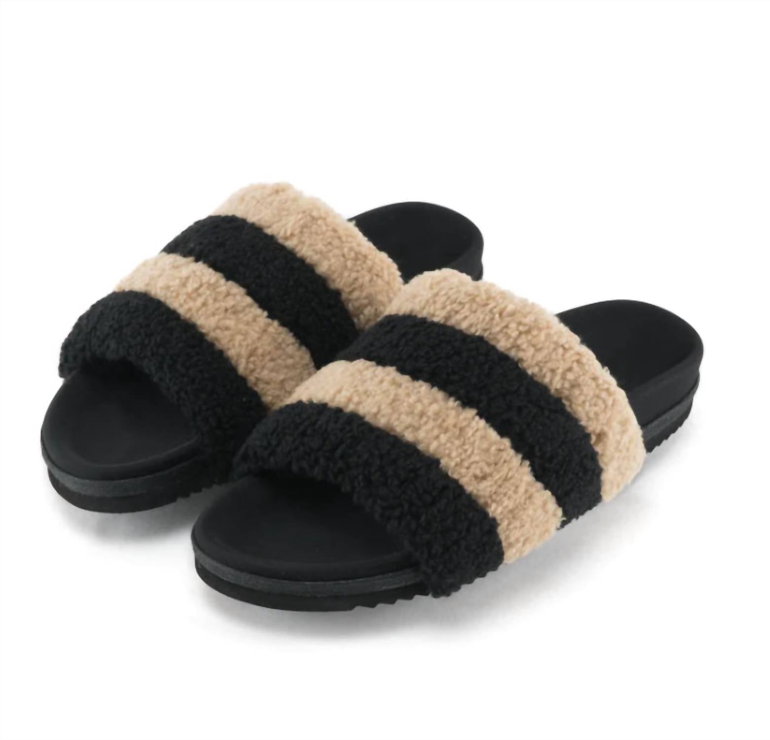 ROAM Women's Fuzzy Stripes Slides in beige black faux shearling - women's shoe