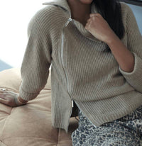line and dot Bassett Zipper Sweater in taupe - women's sweater - detail view