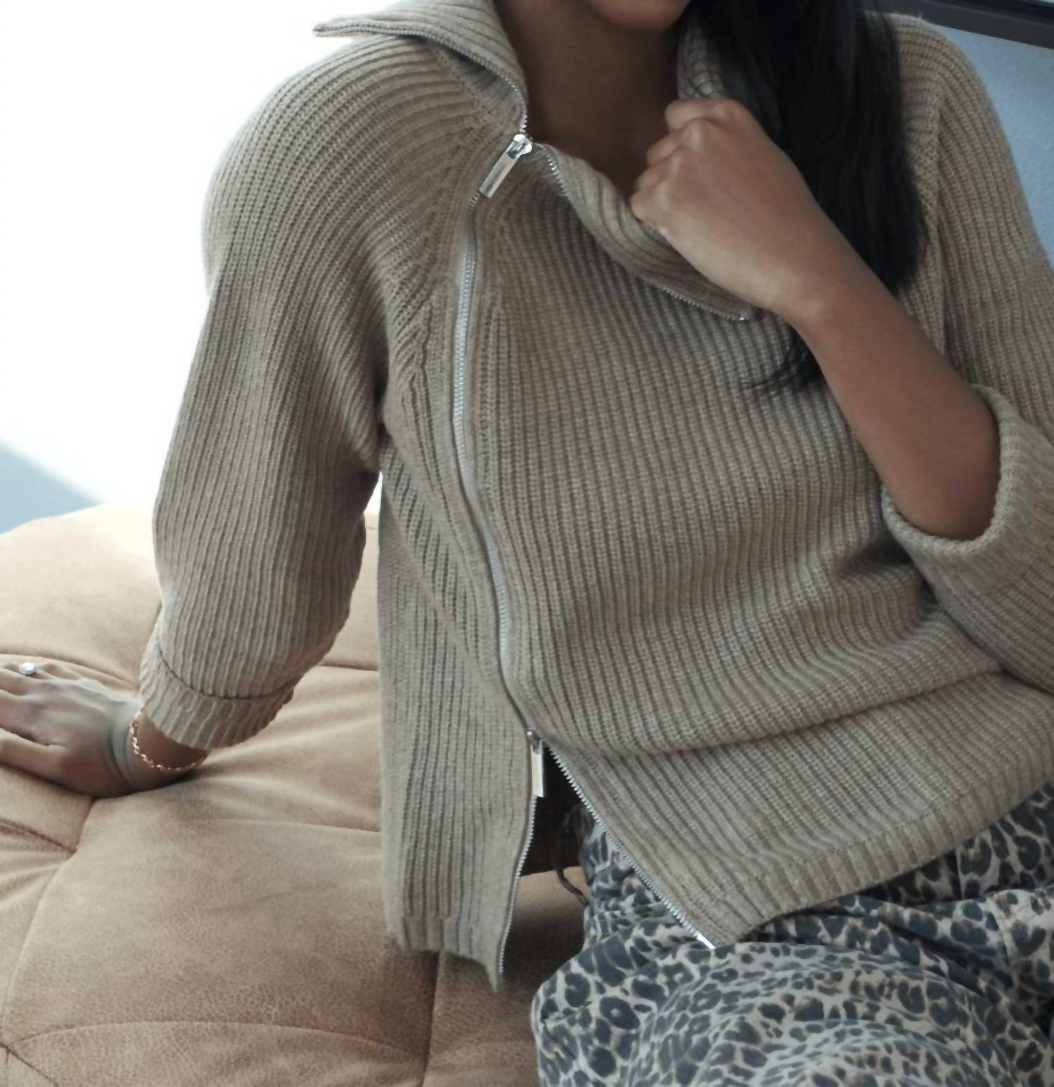 line and dot Bassett Zipper Sweater in taupe - women's sweater - detail view