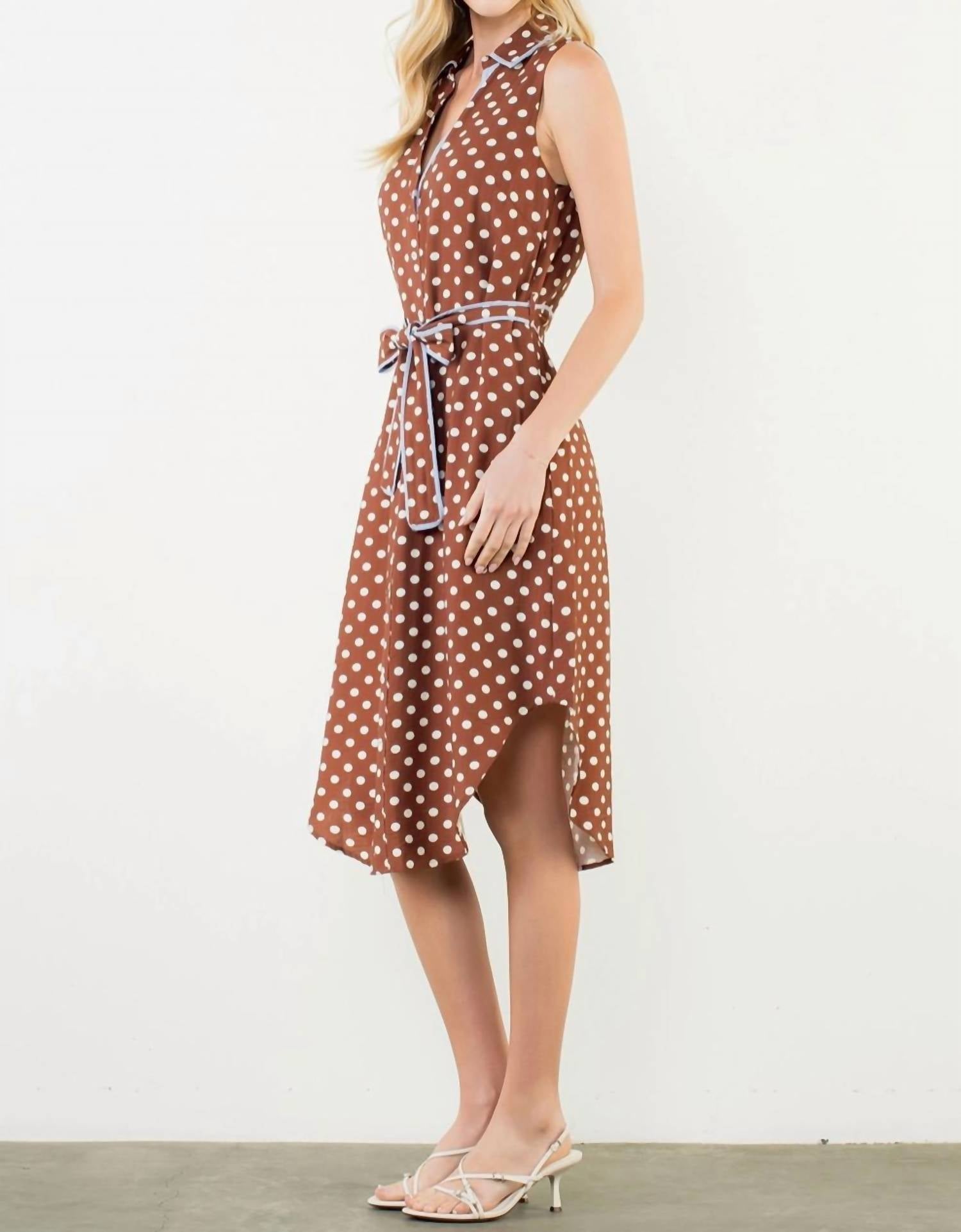 THML Sleeveless Polka Dot Button Down Dress in brown - women's dress - alternate view