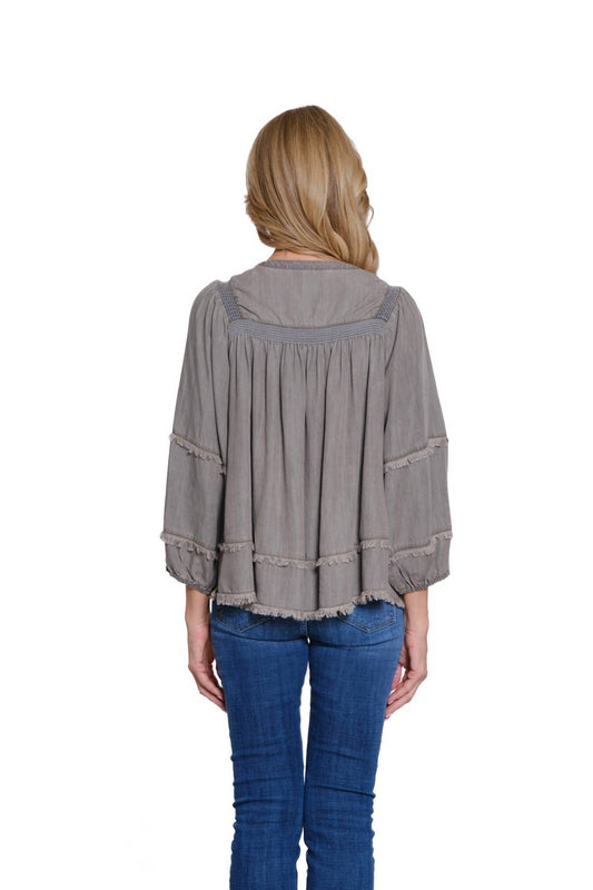 Multiples - Embroidered Fringe Hemline Blouse