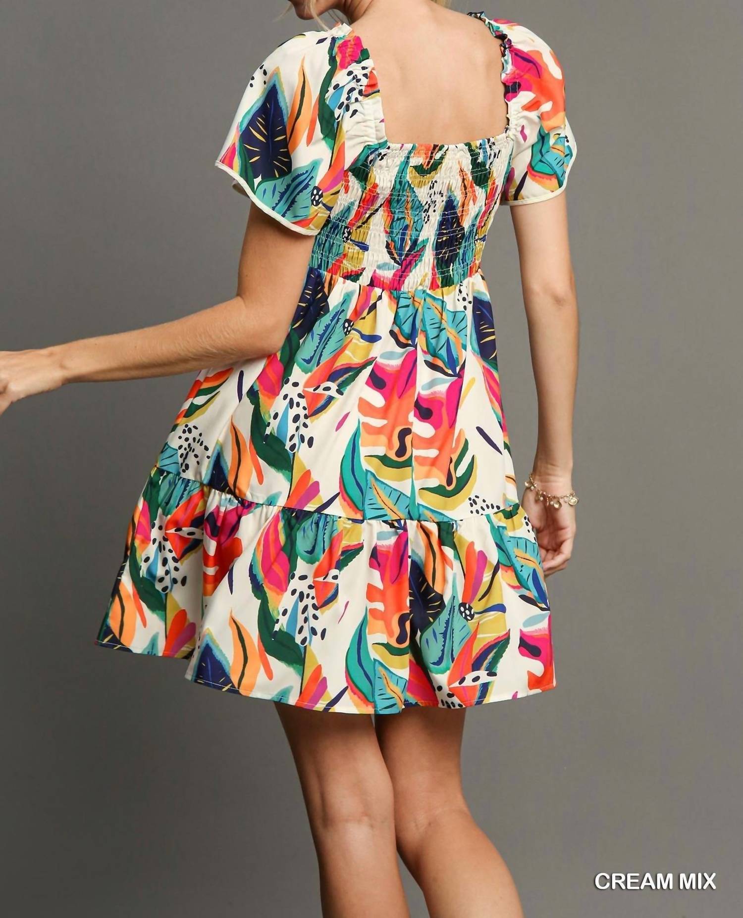 Umgee - Tropical Print Smocked Detail Short Dress