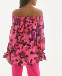 Joseph Ribkoff Senna Satin Floral Print Off Shoulder Top in pink purple black - women's blouse - detail view
