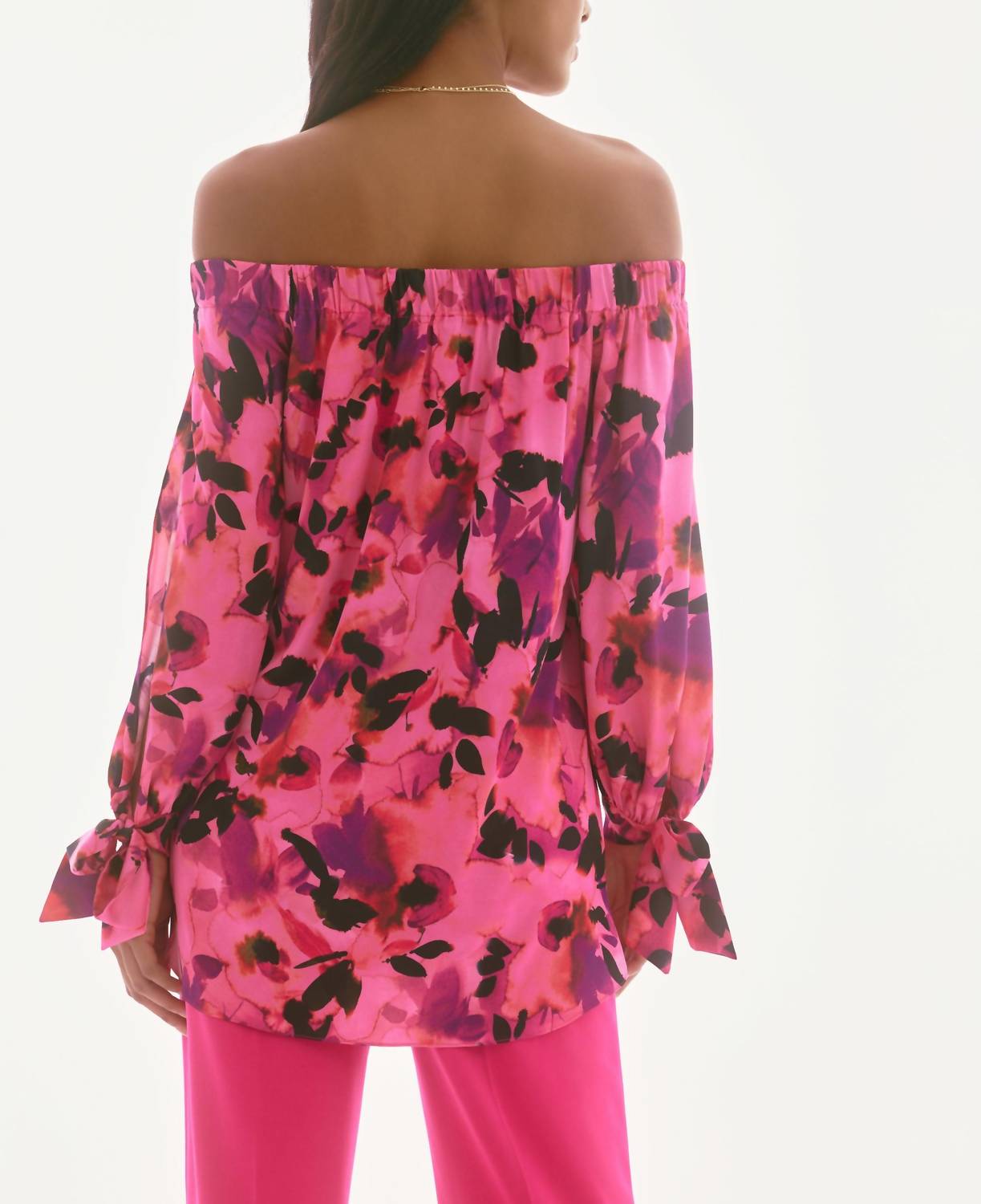 Joseph Ribkoff Senna Satin Floral Print Off Shoulder Top in pink purple black - women's blouse - detail view