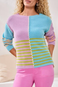 Tribal - Multi Stripe Textured Boat Neck Sweater