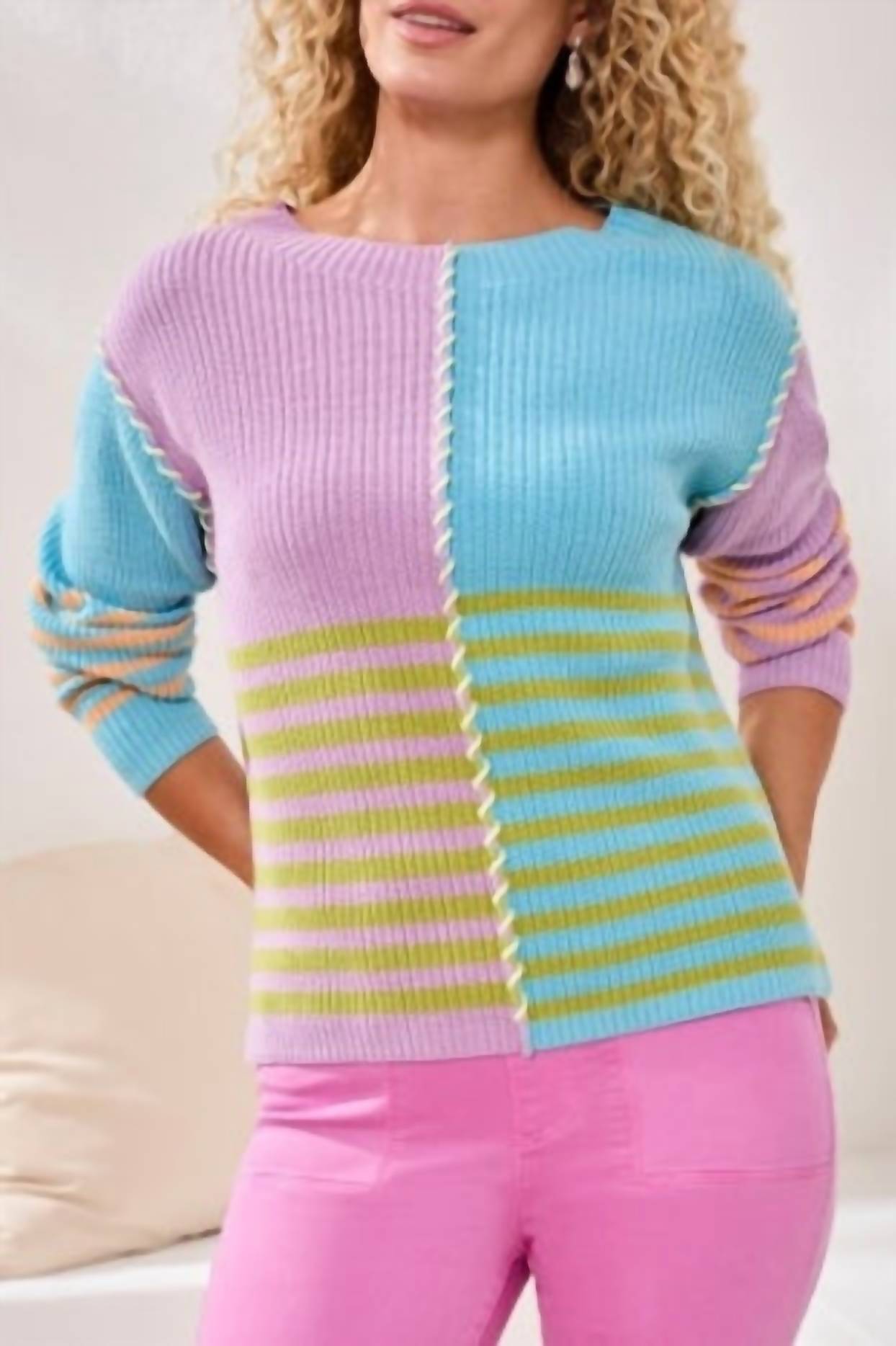 Tribal - Multi Stripe Textured Boat Neck Sweater