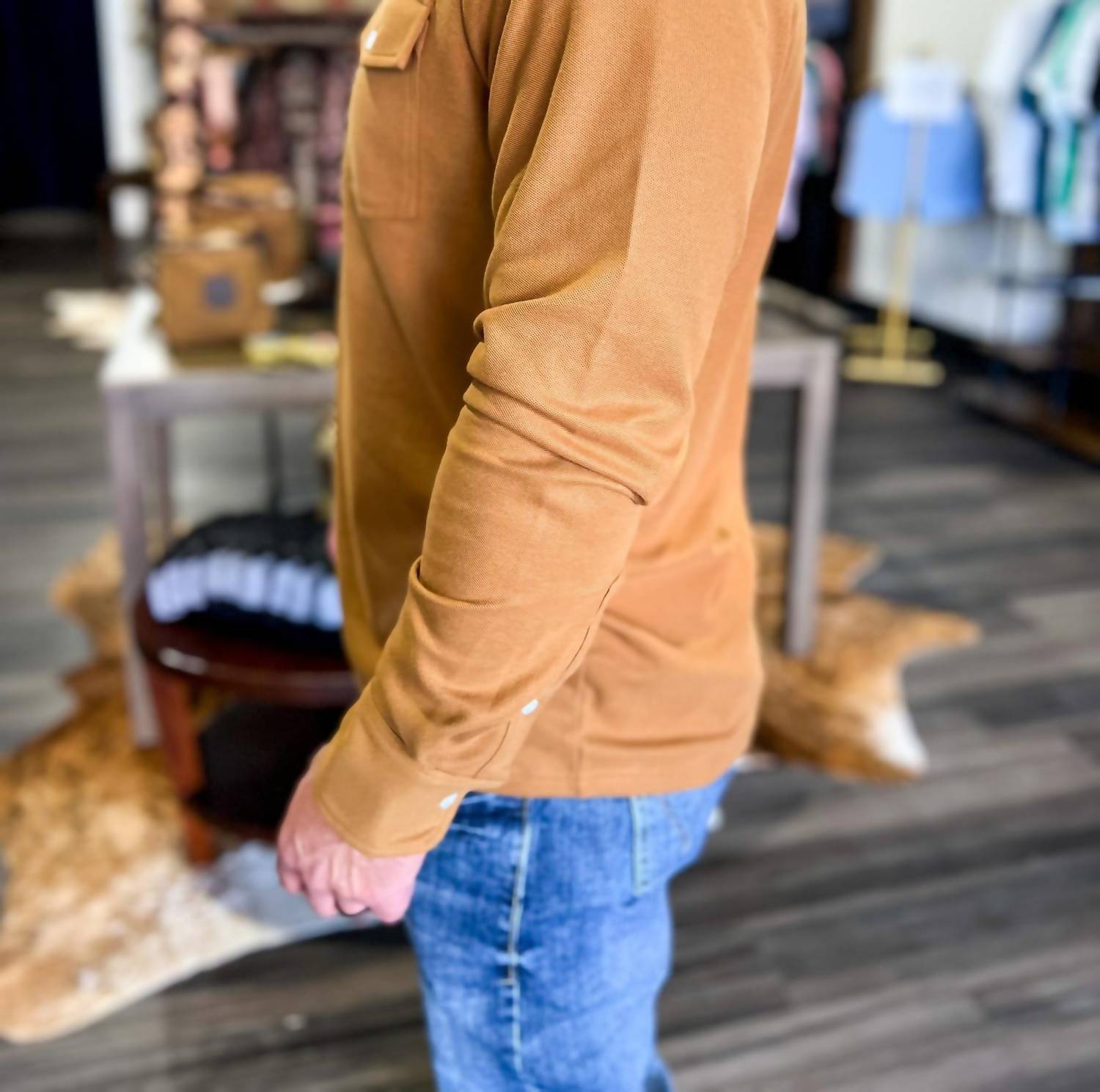 Criquet Long Sleeve Players Shirt in almond butter - men's long sleeve top - alternate view