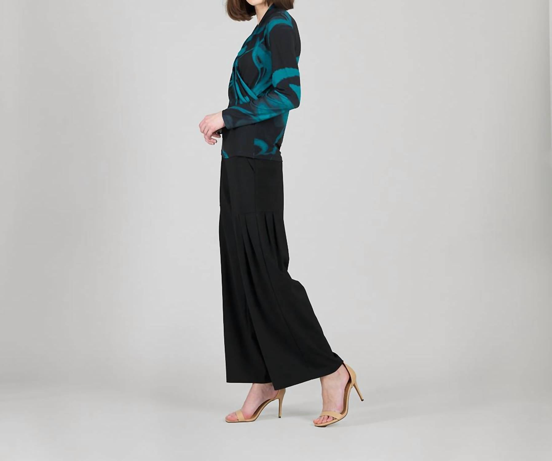 CLARA SUNWOO V-neck Draped Pleat Top in teal black - women's long sleeve top - detail view
