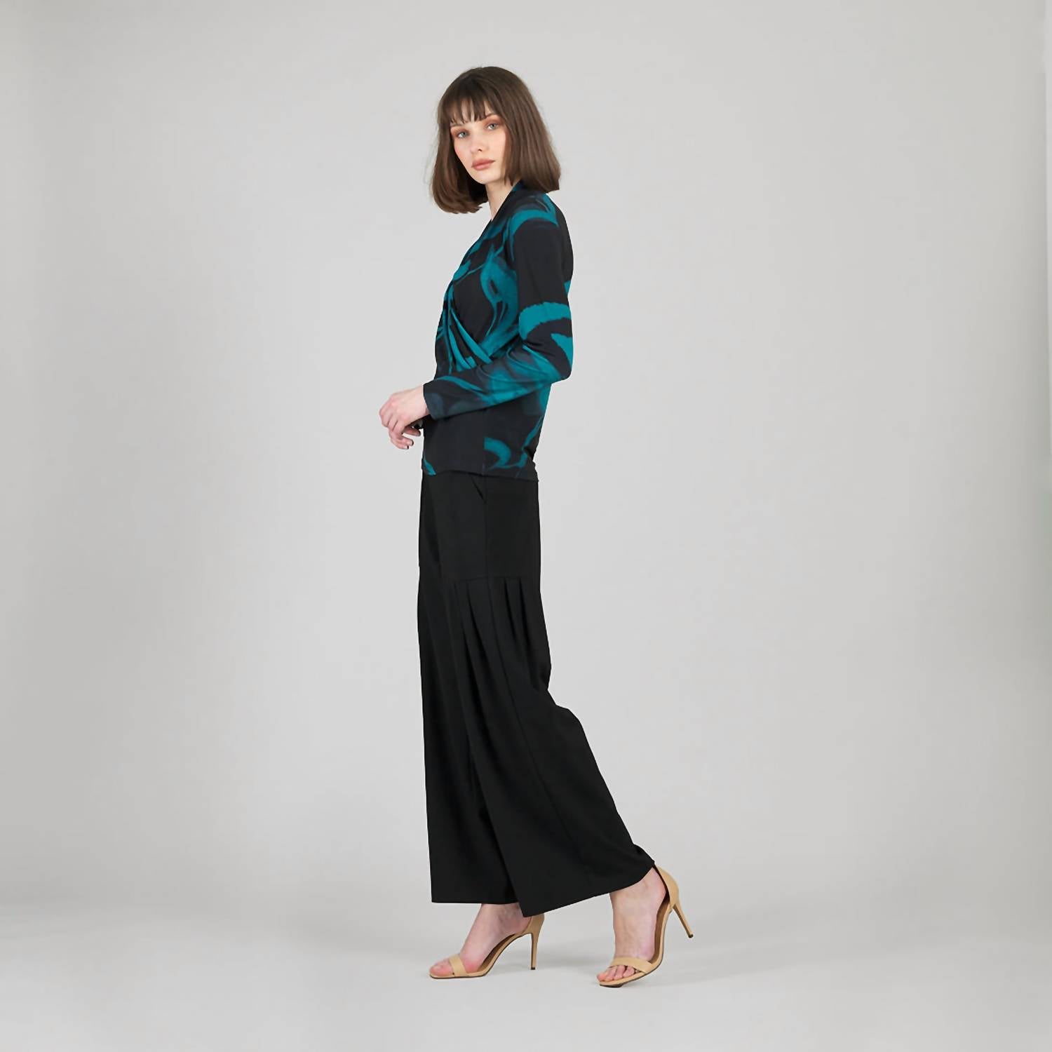 CLARA SUNWOO V-neck Draped Pleat Top in teal black - women's long sleeve top - alternate view
