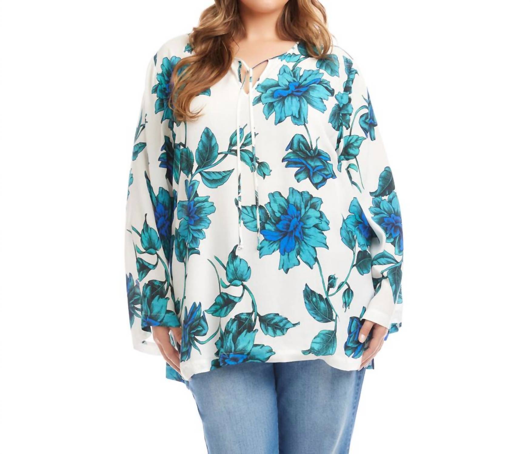 Karen Kane Keyhole Side-slit Sleeve Tunic Top - Plus in floral print - women's shirt