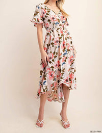 Chris & Carol - Floral V Neck High Low Elastic Waist Midi Dress