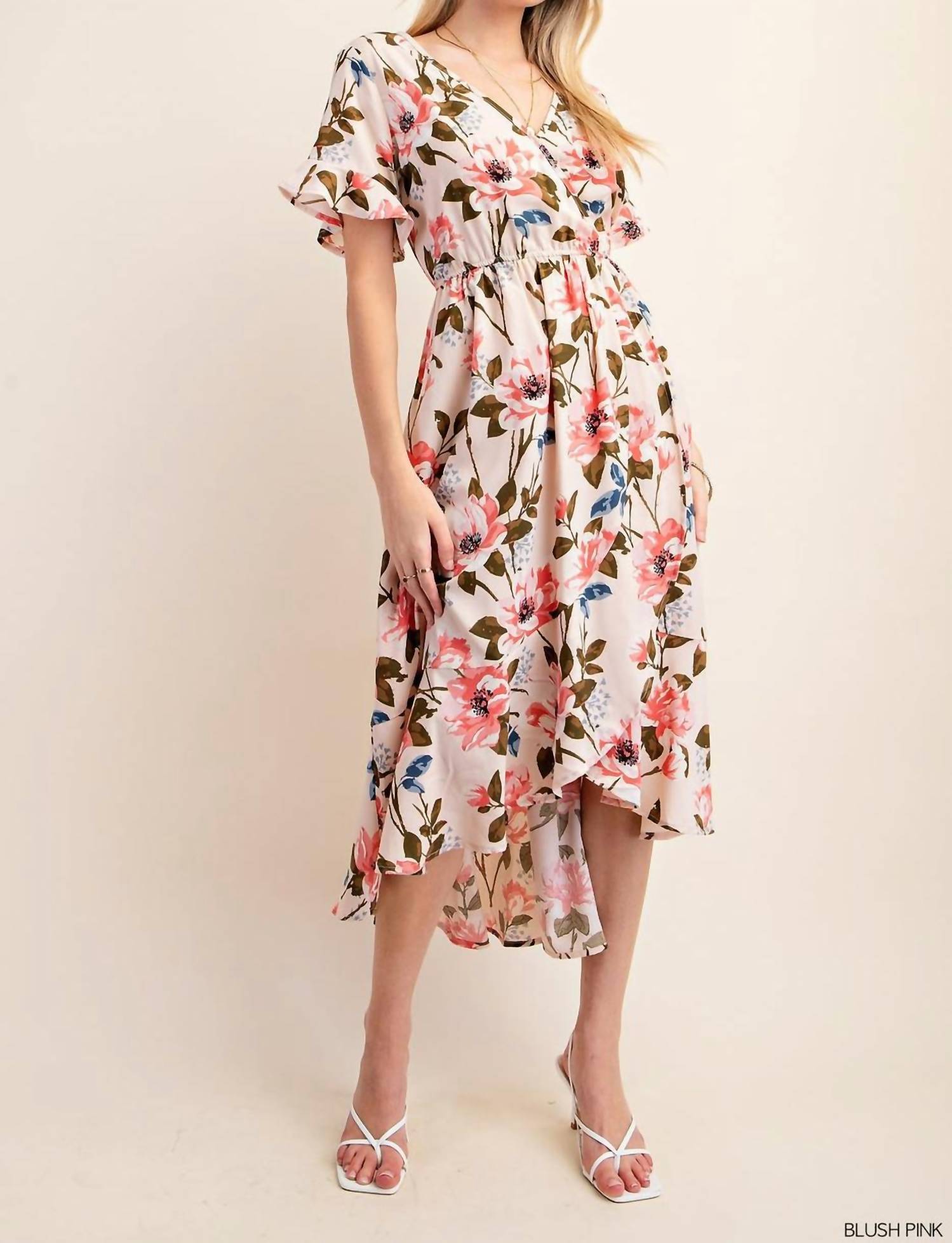 Chris & Carol - Floral V Neck High Low Elastic Waist Midi Dress