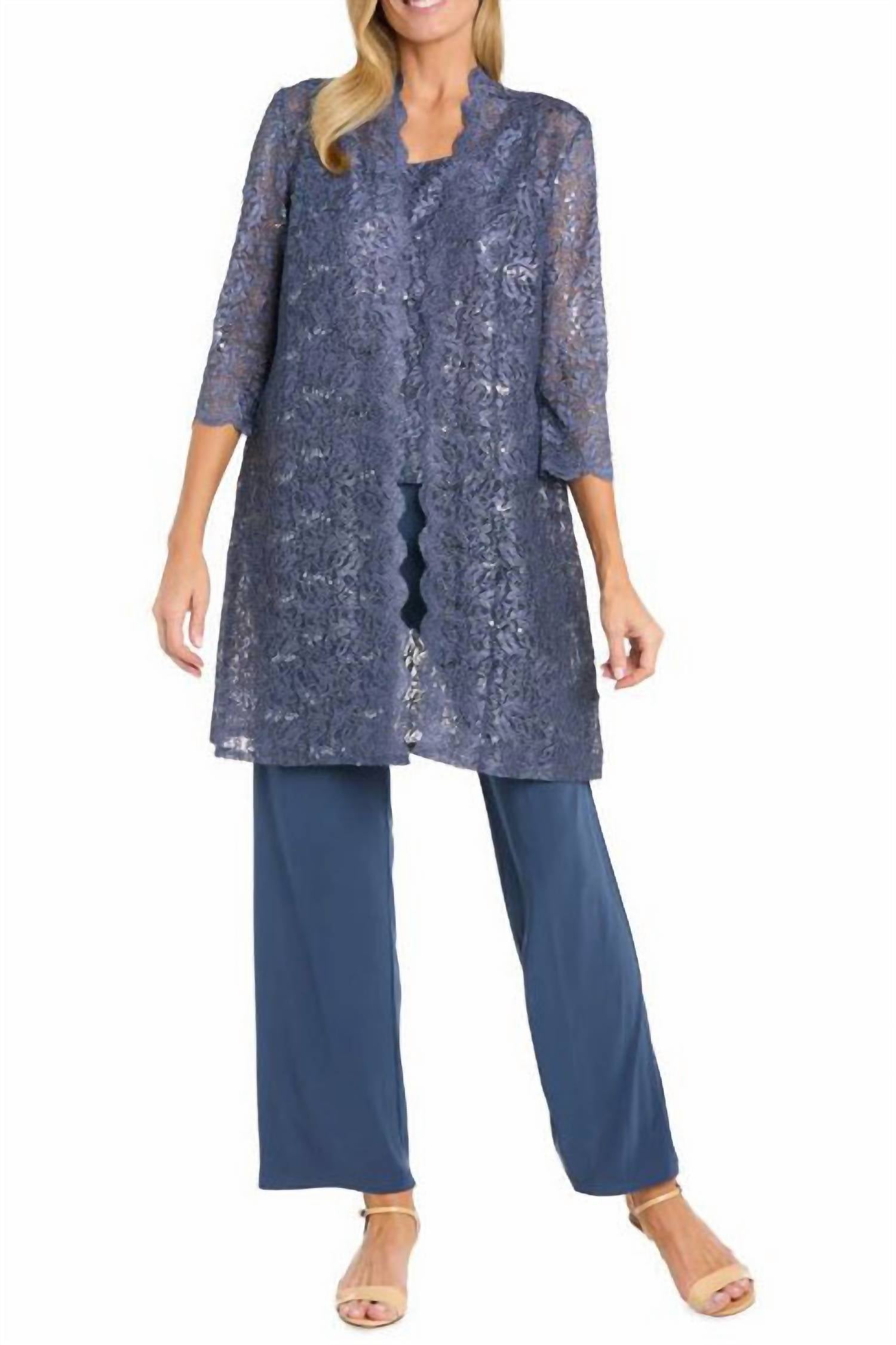 R&M Richards - Metallic Lace Tank Top And Pant Set With Sheer Lace Jacket