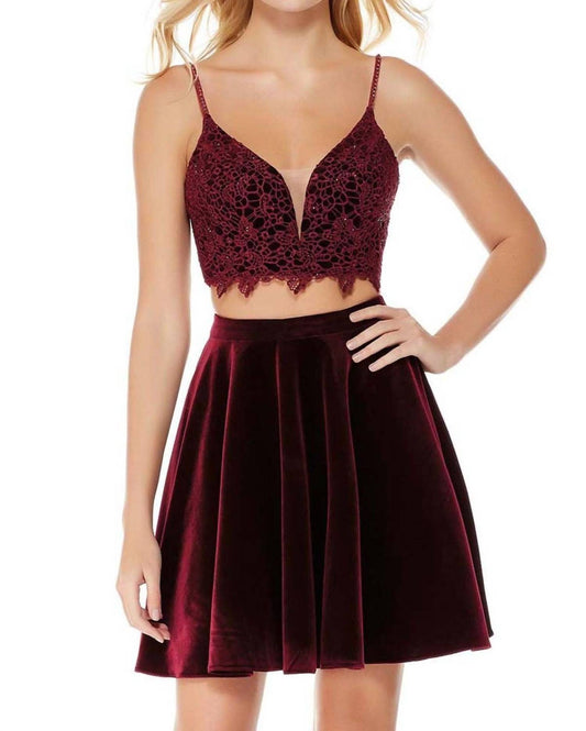 Alyce Paris - Lace Crop Top Short Velvet Dress