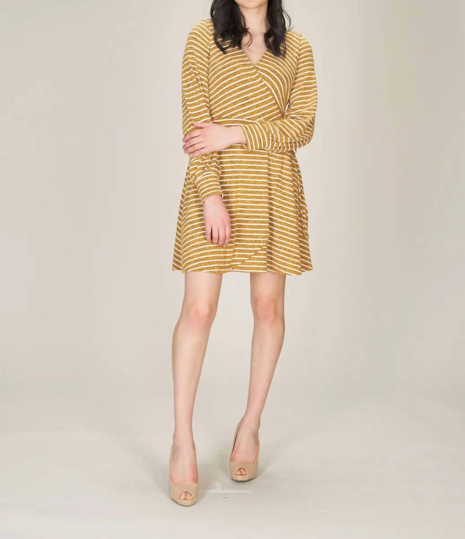 Papillon - Striped Wrap Style Bishop Sleeve Dress