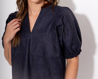 THML Split Neck Suede Ruffle Denim Top in navy - women's blouse - view 6
