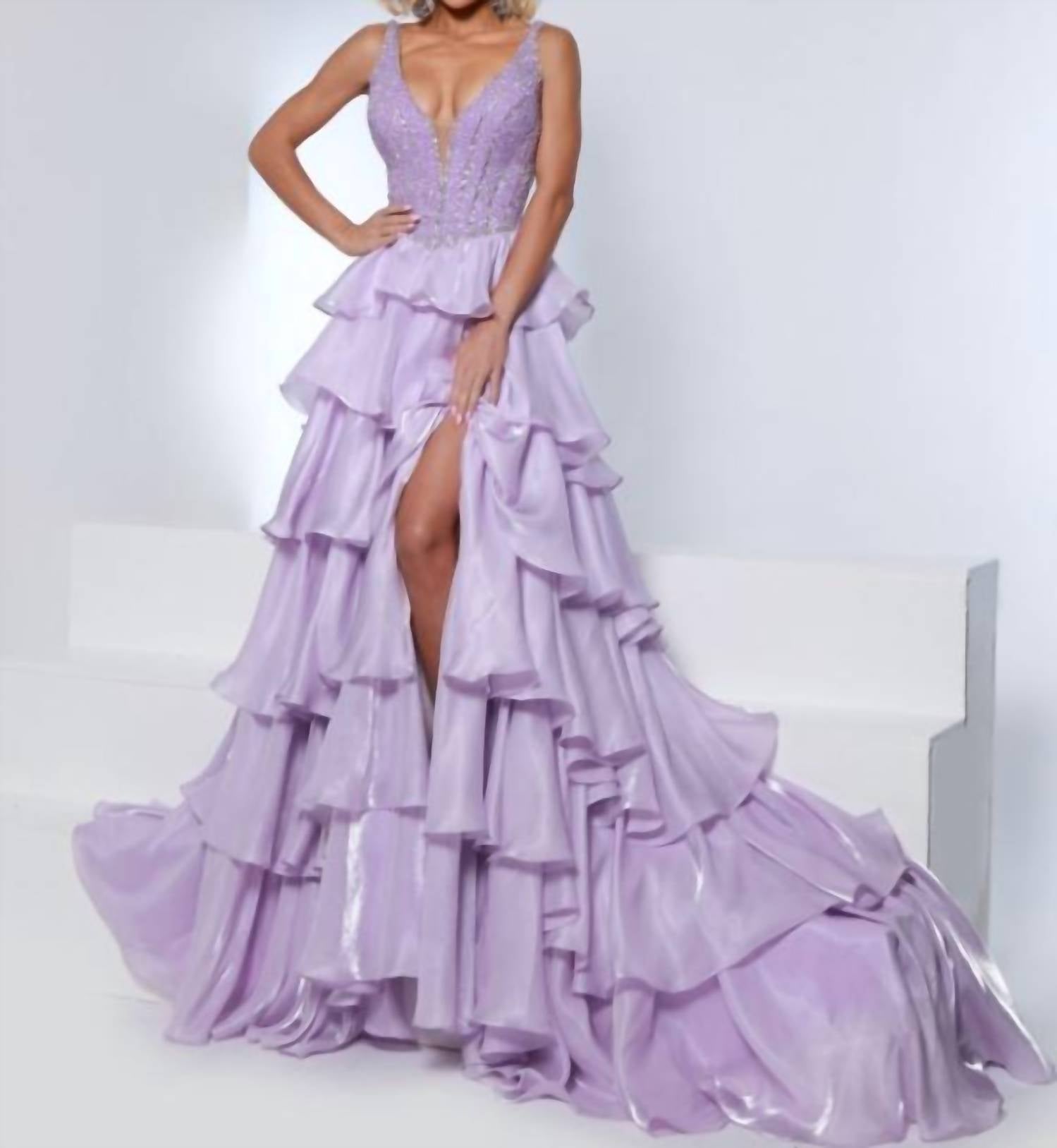 Johnathan Kayne V Plunge Princess Worthy Gown in lilac - women's dress