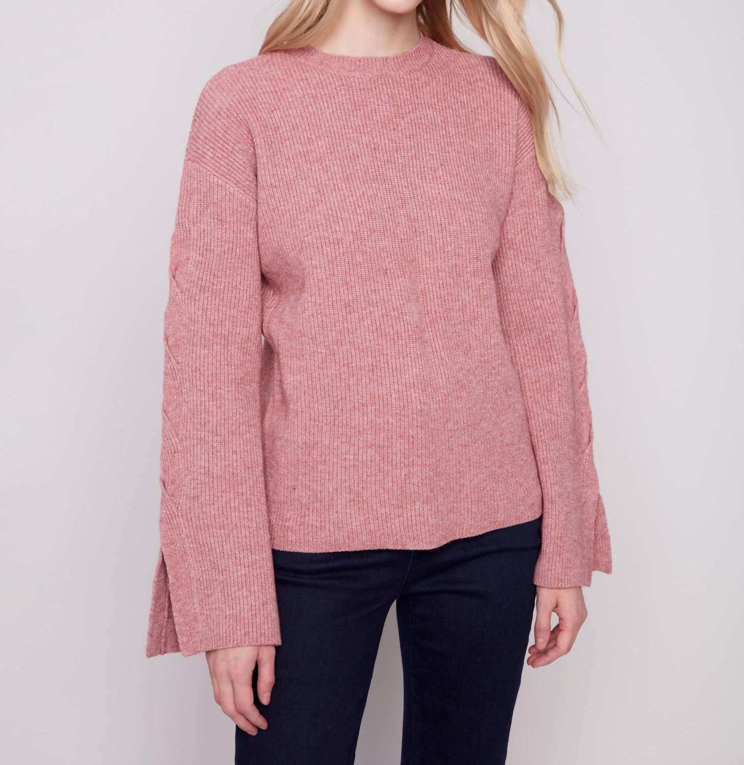 Charlie B - Crew Neck Sweater With Cable Sleeves