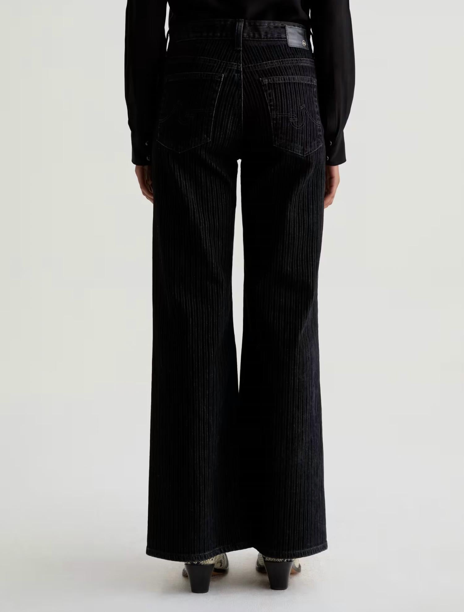 AG Jeans Saige Mid Rise Wide Leg Flocked Stripe Jean in dress it up - women's jeans - detail view