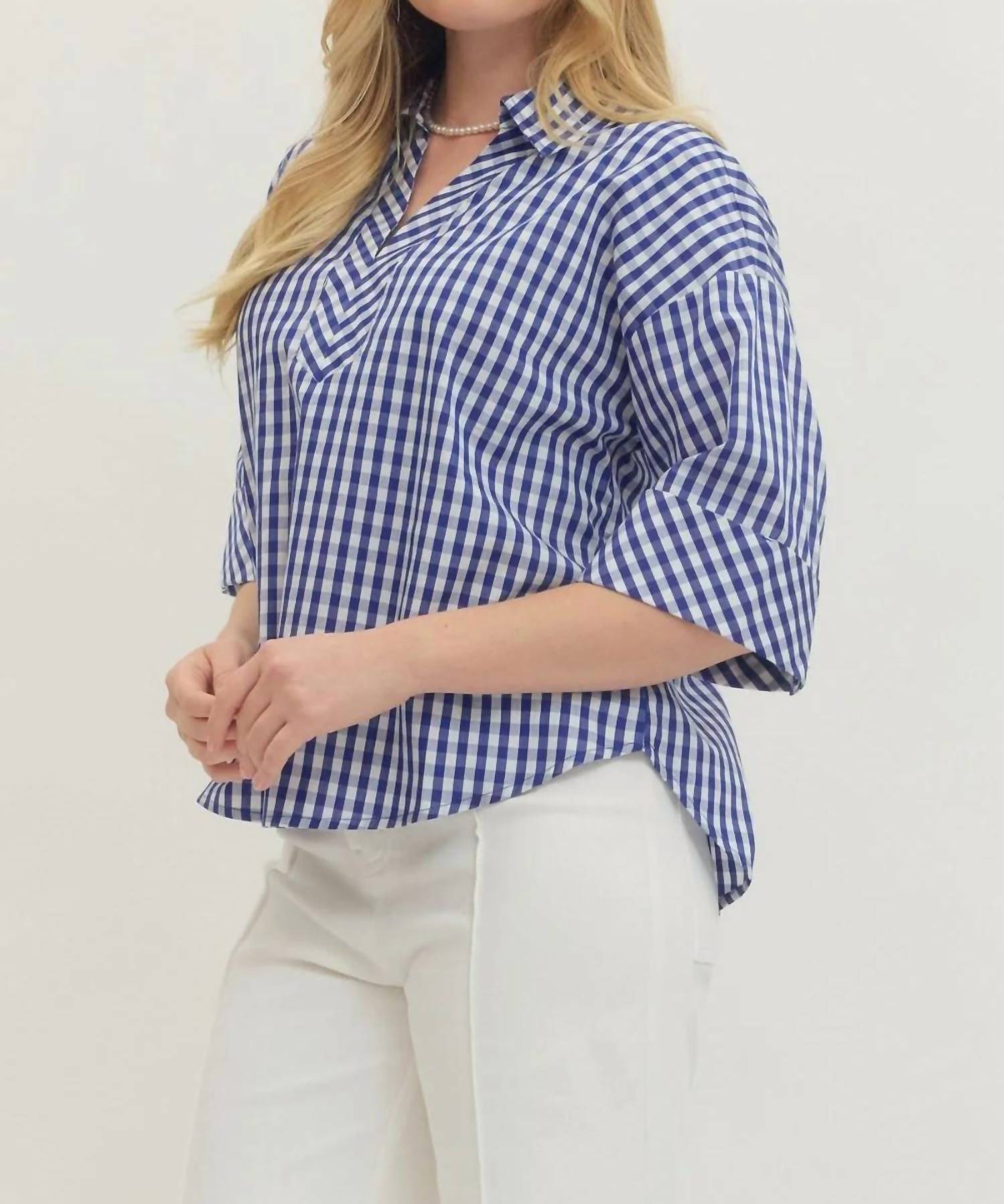 Entrousa - Women's Gingham 3/4 Sleeve Top