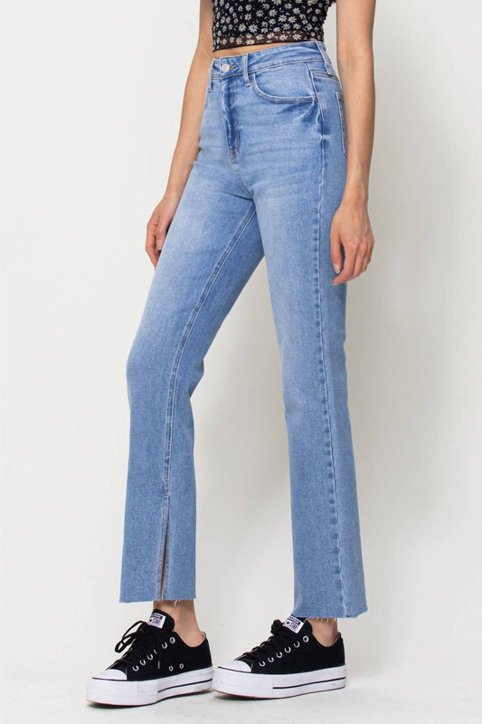 Cello - High Rise Full Length Straight with Inseam Slit Jeans - blue - clothing - cotton - blend