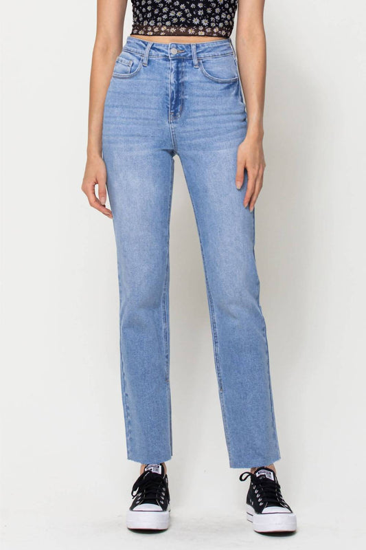 Cello - High Rise Full Length Straight with Inseam Slit Jeans - blue - clothing - cotton - blend