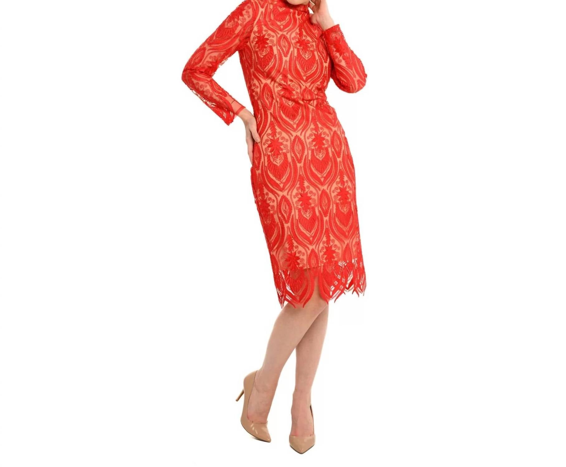 Cenia - The Gardner Mock Neck Lace Sheath Dress - clothing - dresses - long - sleeve