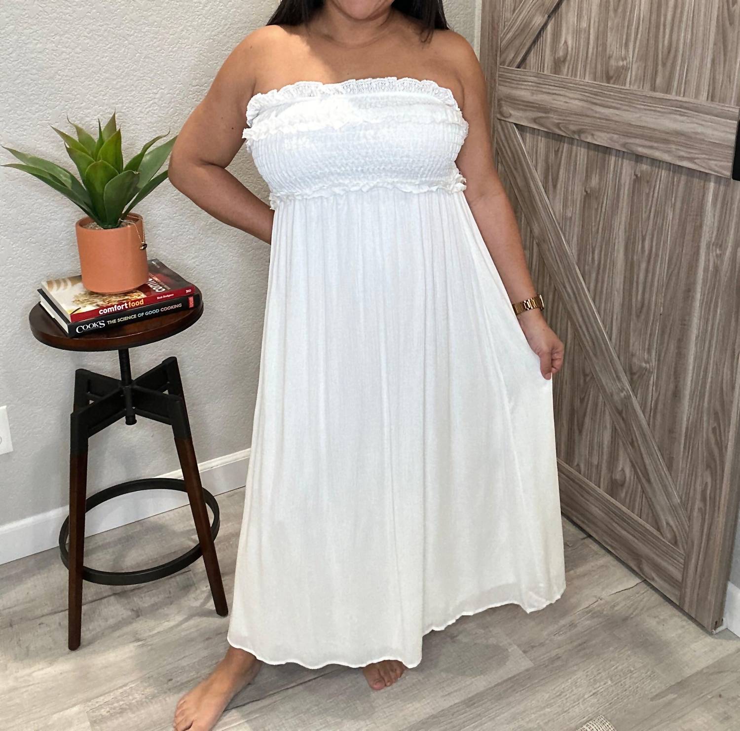 Ces Femme - Strapless Smocked Top Midi Dress - clothing - dresses - midi