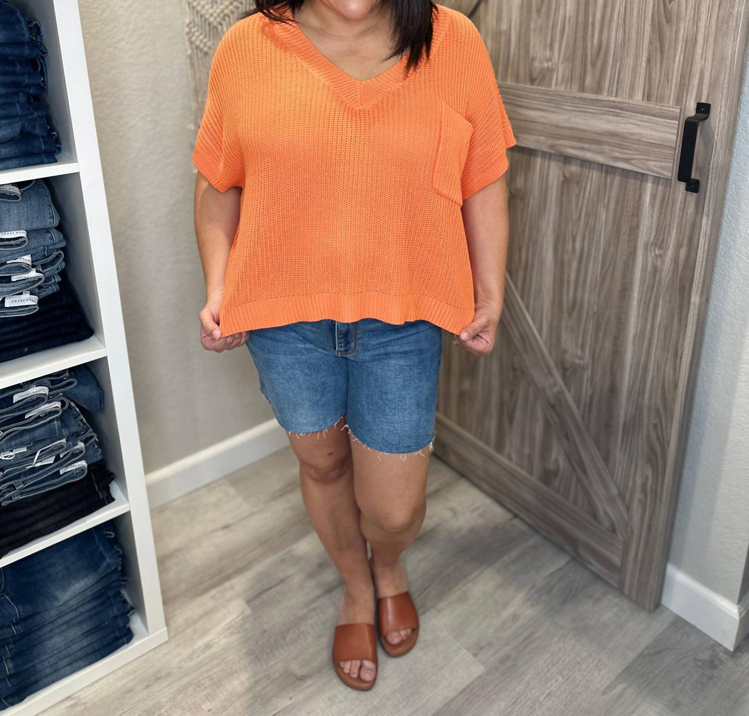 Ces Femme - V - Neck Boxy Fit Lightweight Spring Knit Sweater Top - clothing - orange - shirts