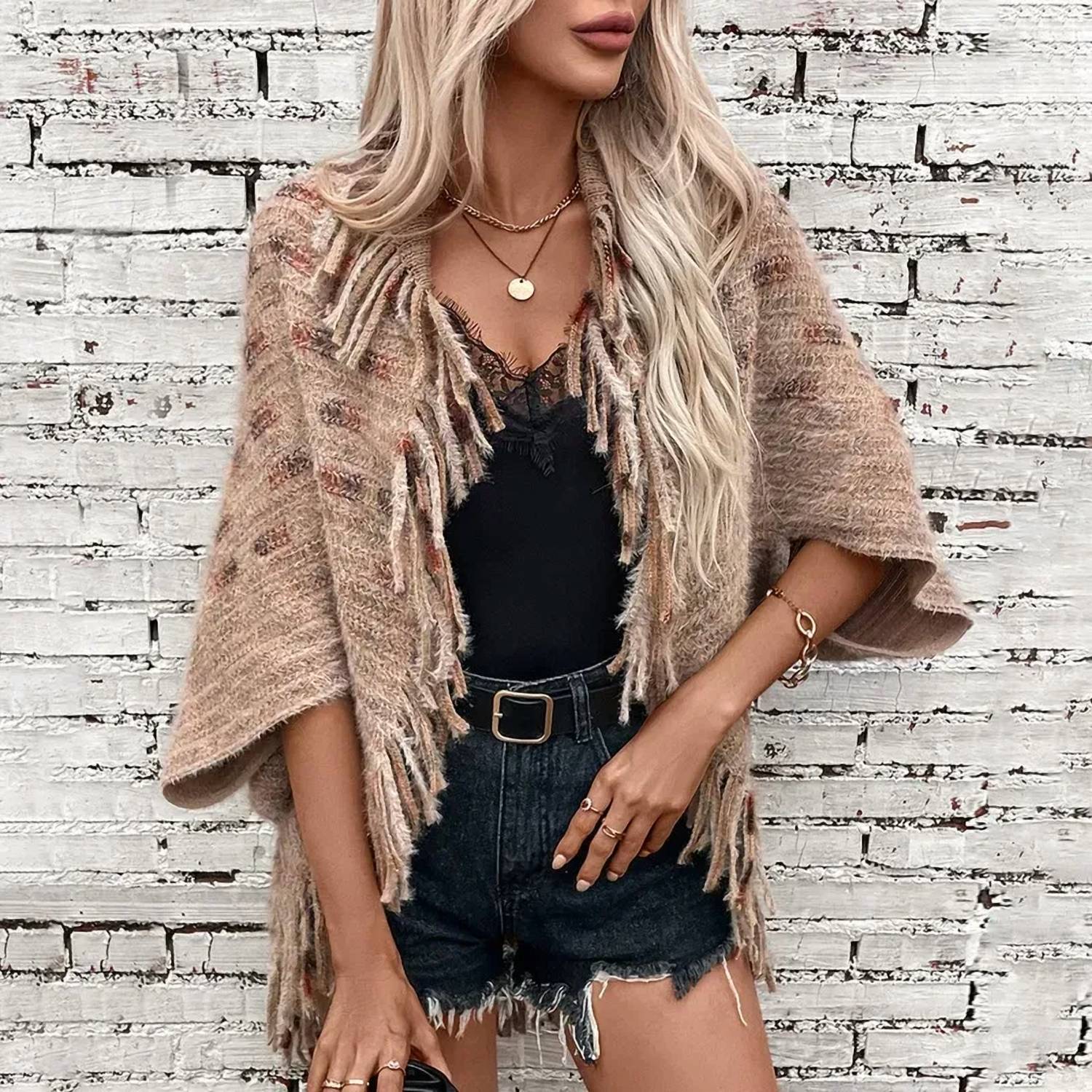 Faire - Fringe Open Front Half Sleeve Cardigan