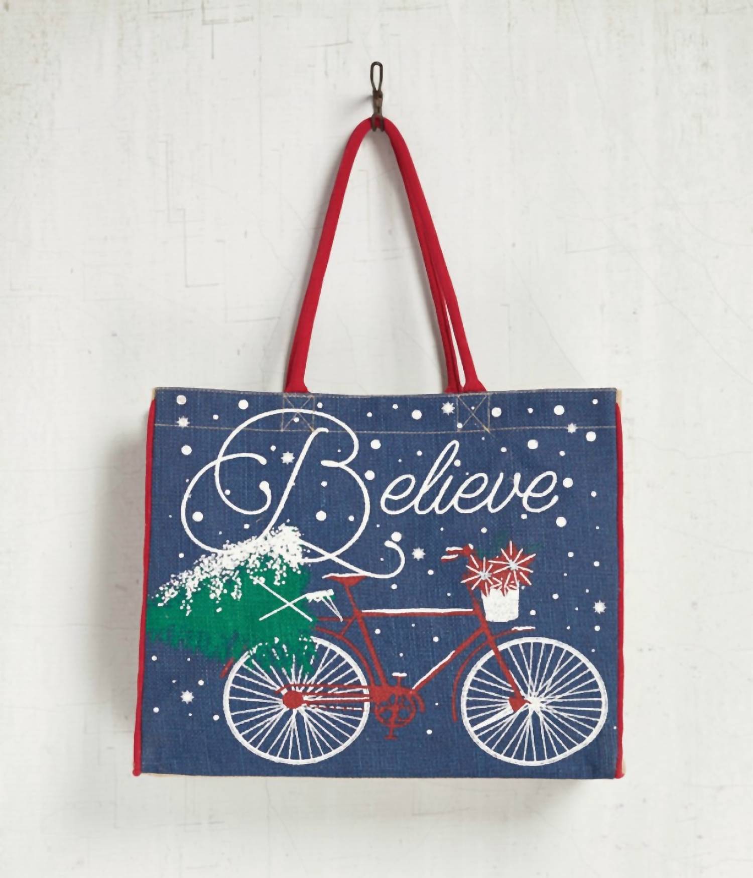 Mona B - Women's Believe Burlap Holiday Tote Bag