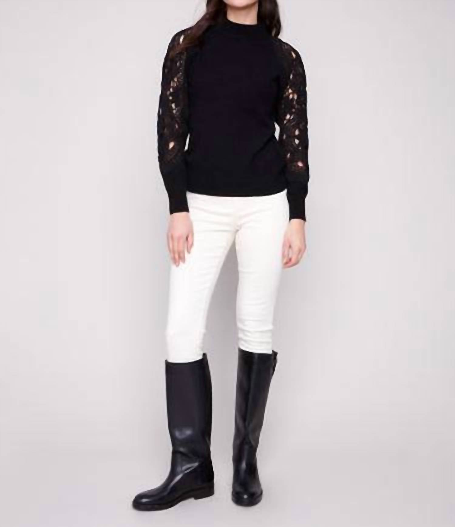 Charlie B - Mock Neck Sweater With Crochet Sleeves
