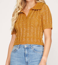 She + Sky - Collared Short Sleeves Cropped Knit Top