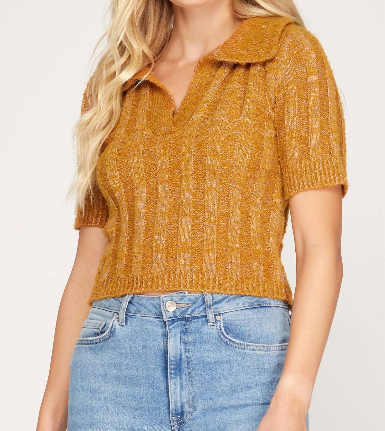 She + Sky - Collared Short Sleeves Cropped Knit Top