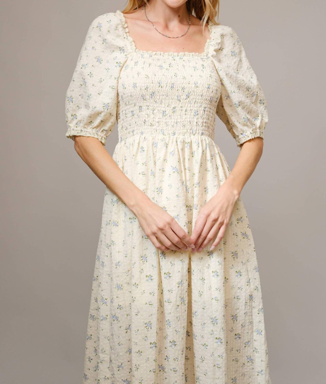 Blue B - Ditsy Floral Smocked Square Neck Midi Dress