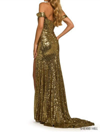 Sherri Hill Shoulder High Slit Dress in gold - women's dress - detail view