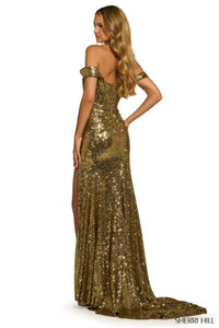 Sherri Hill Shoulder High Slit Dress in gold - women's dress - alternate view