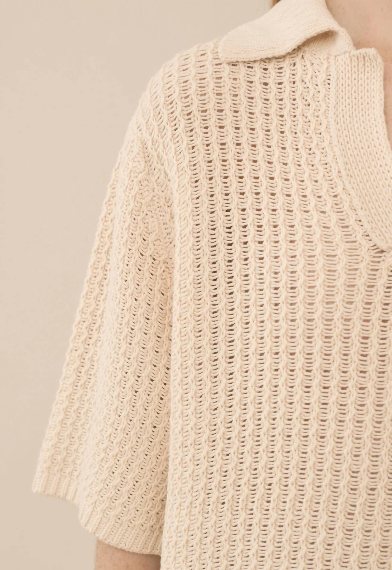 LAUREN MANOOGIAN Rack Knit Polo Shirt in ivory - women's top - detail view