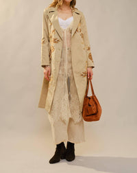 Blue B - Women's Floral Embroidered Double Breasted Belted Trench Coat