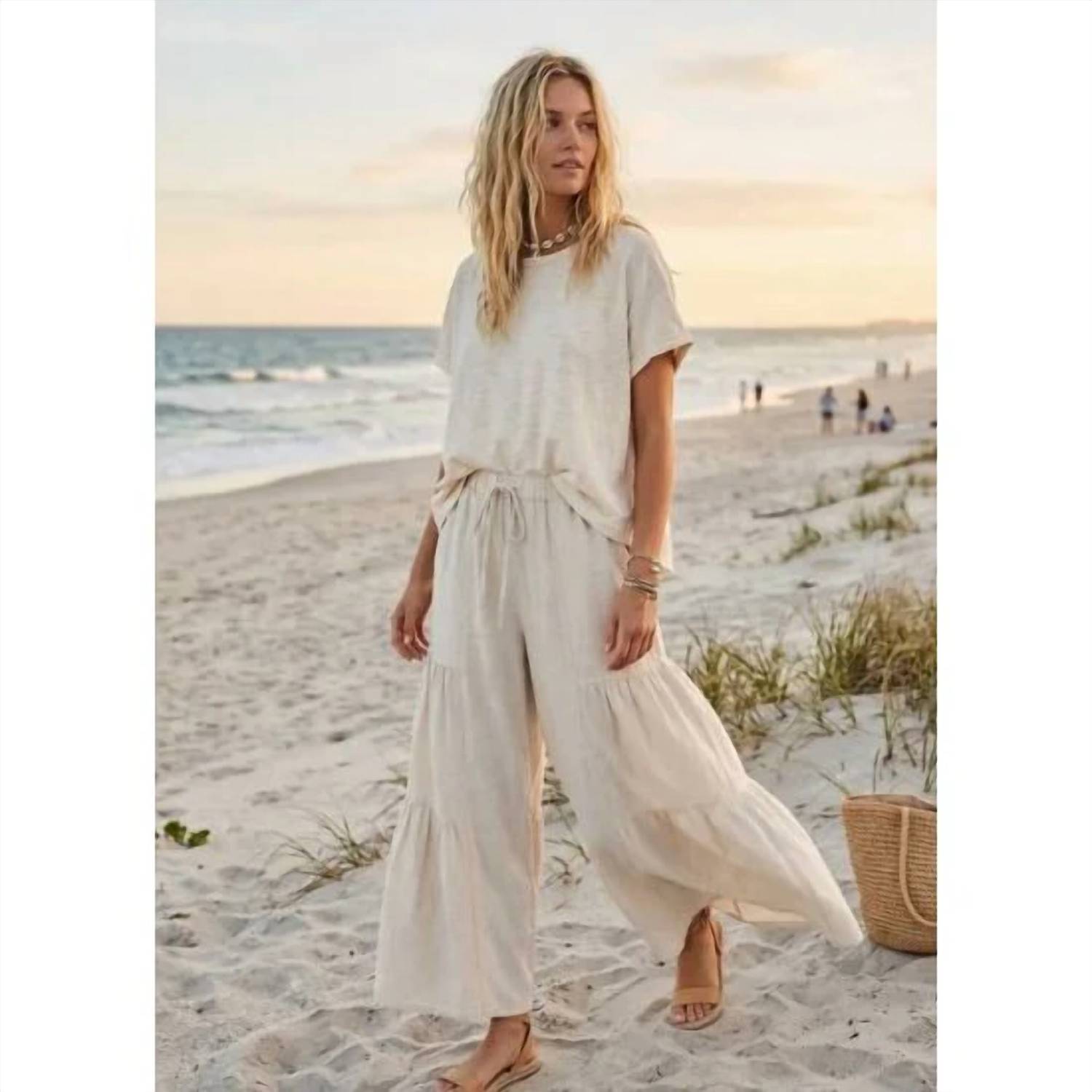 Sewn And Seen - Linen Blend Tiered Wide Leg Pants