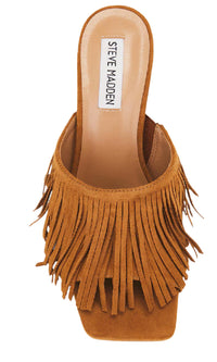 STEVE MADDEN Women's Morina Suede Fringe Sandals in cognac - women's sandal - detail view