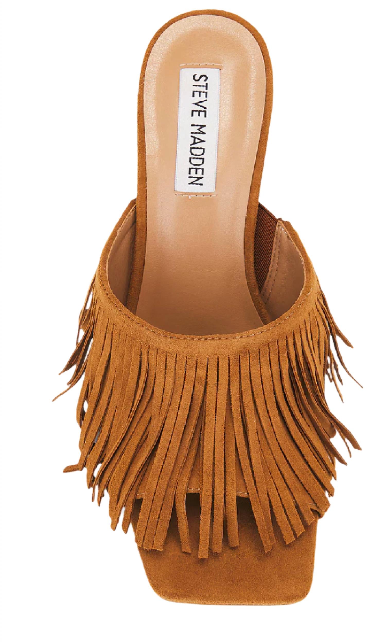 STEVE MADDEN Women's Morina Suede Fringe Sandals in cognac - women's sandal - detail view