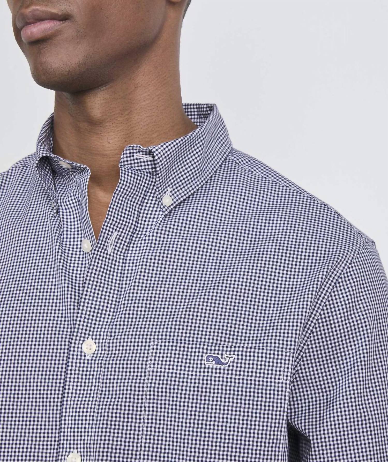 vineyard vines Anegada Gingham Perfect Wash Shirt in blue blazer - men's shirt - detail view