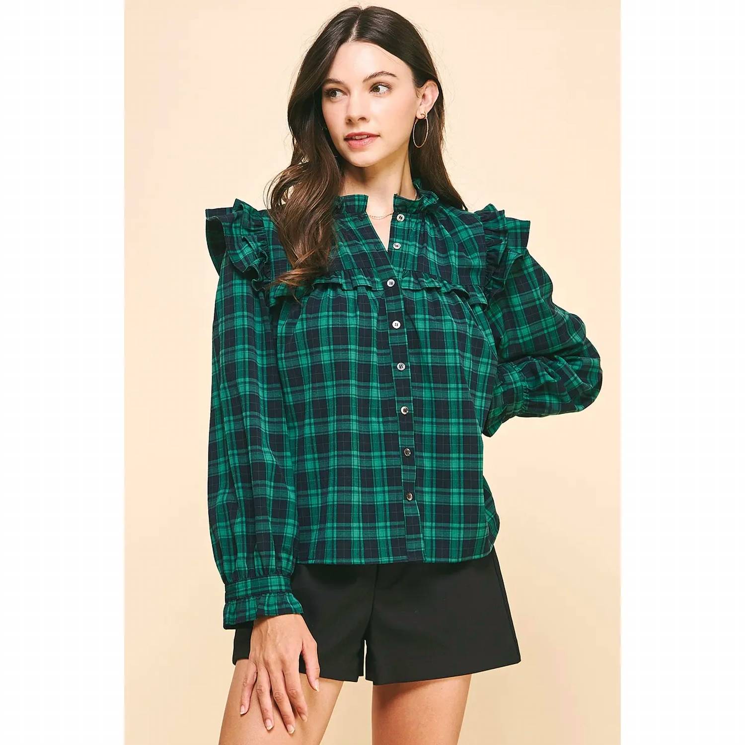 Pinch - Ruffle Plaid Blouse