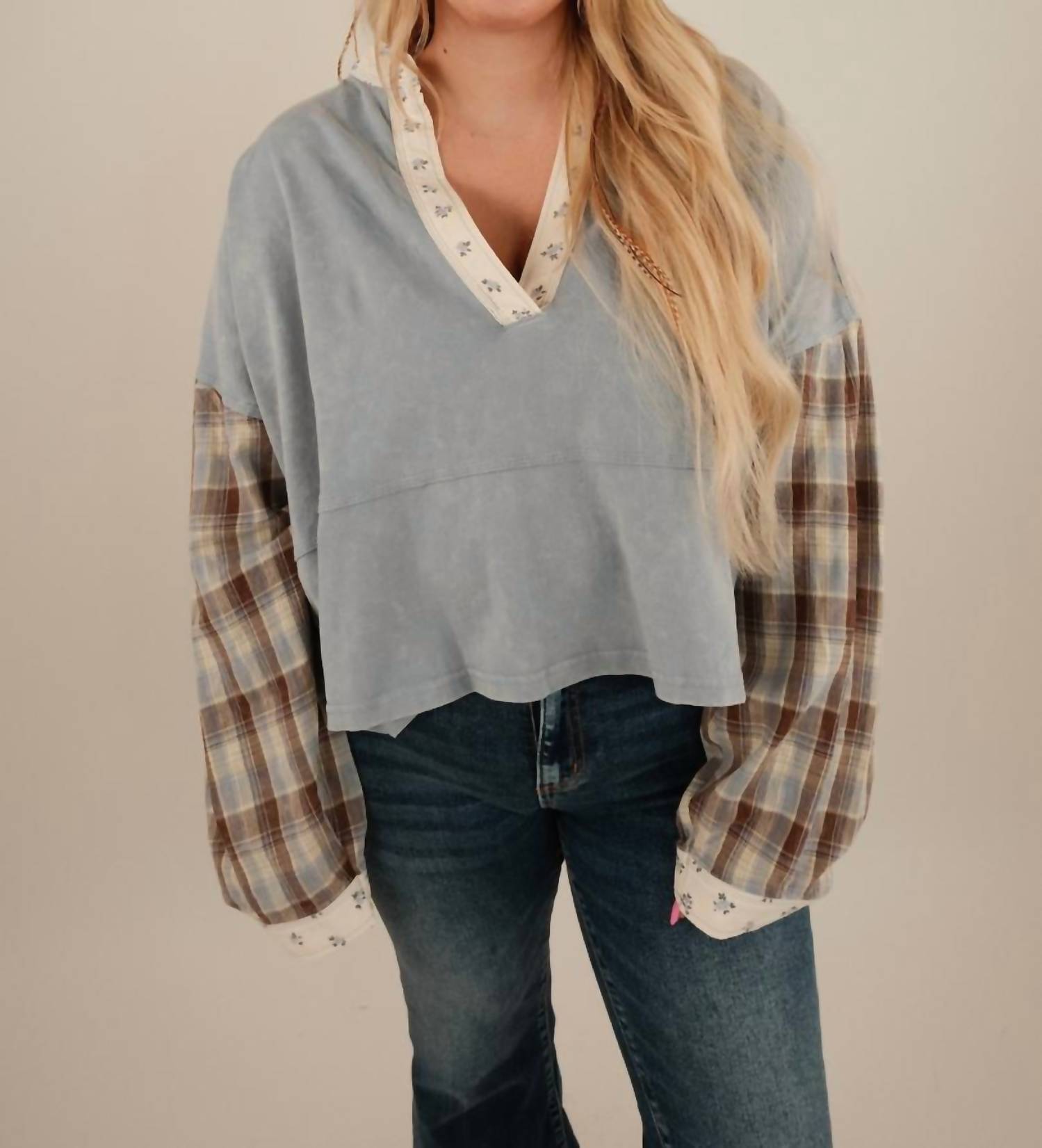 Ee:Some - Plaid Floral Long Sleeve Top